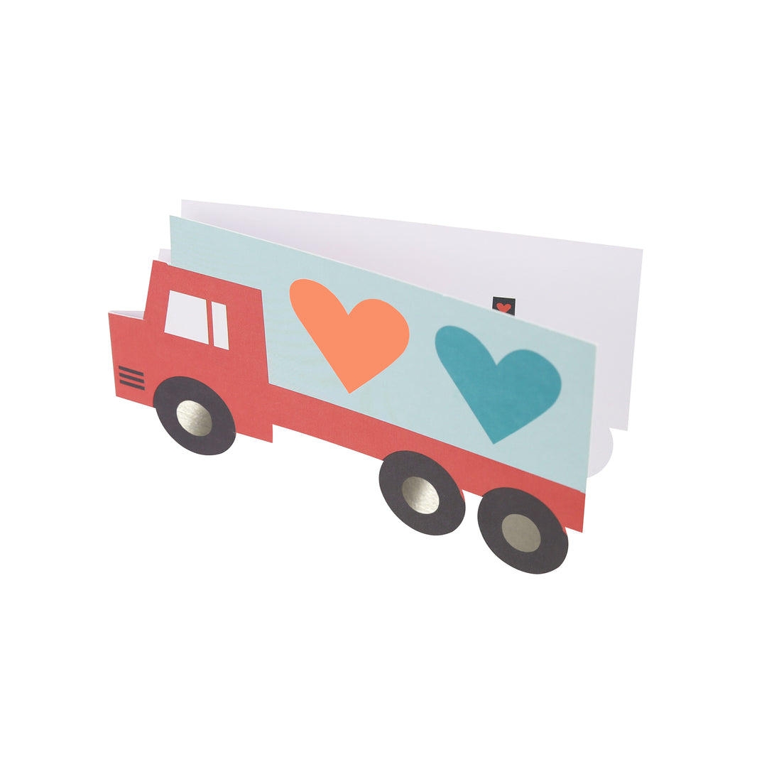 Our Valentine's cards for kids set include brightly colored trucks and Valentine's stickers.