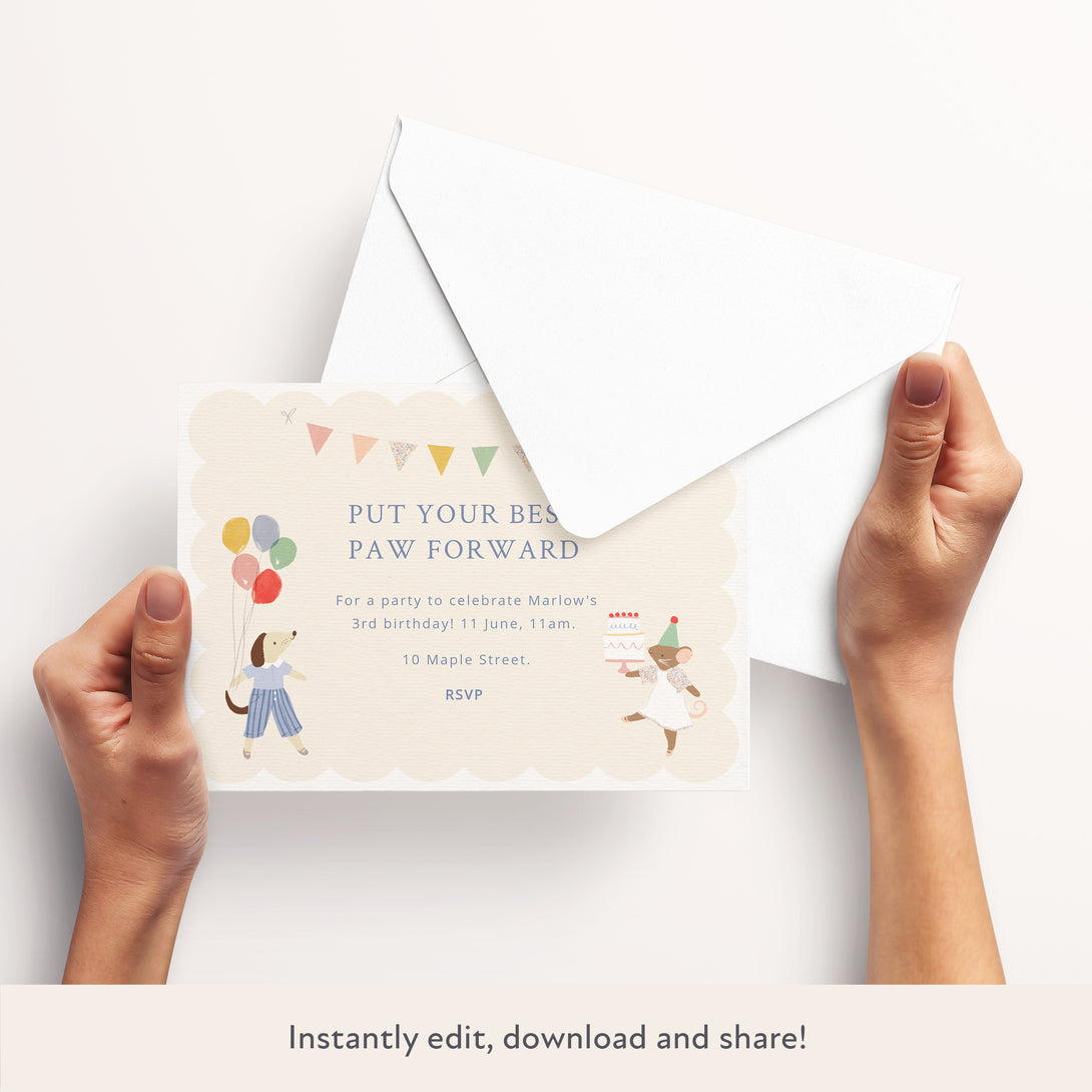 This fun Animal Friends digital party invitation is ideal for younger kids who love furry folk.