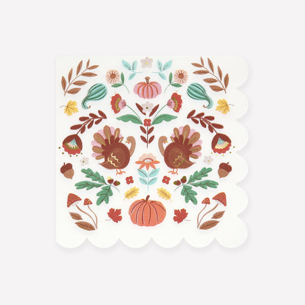 Our disposable napkins feature a stylish folk design of harvest symbols, ideal for your fall and Thanksgiving parties. Image1