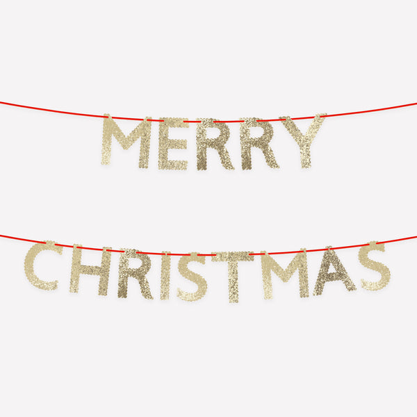 Our Christmas garlands spell out the words Merry and Christmas, with a gold glitter front and shiny gold foil on the reverse. Image1
