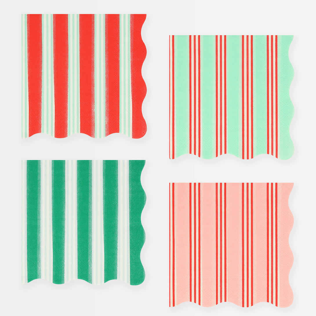 Our small party napkins, with festive colored stripes, will look amazing at your Christmas dinner or Christmas cocktail party.