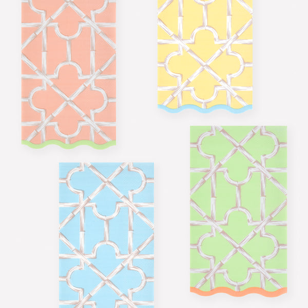 Our paper towels, made from 3-ply paper, come in four bright colors with a sensational bamboo design, perfect for guest bathrooms. Image1