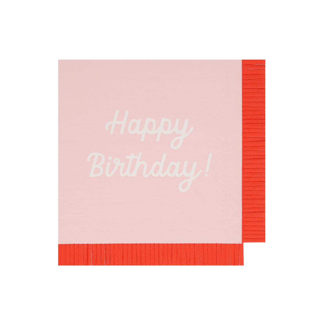 Our paper birthday napkins are made in bright colors with the words Happy Birthday on them.