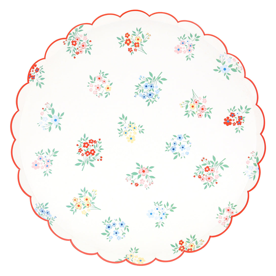 Our floral dinner plates, with scalloped red borders, give a classic yet contemporary look to a garden party, baby shower or bridal shower.