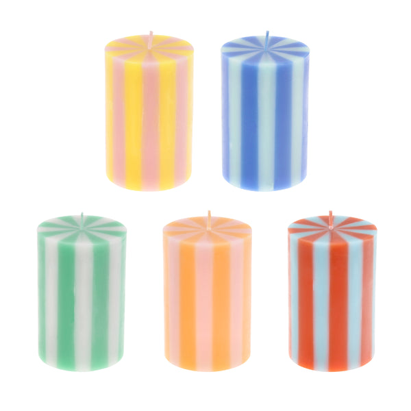 Our striped candles, in a classic pillar shape, feature 5 bright colorways and colored wicks, perfect for birthday and home decorations. Image1