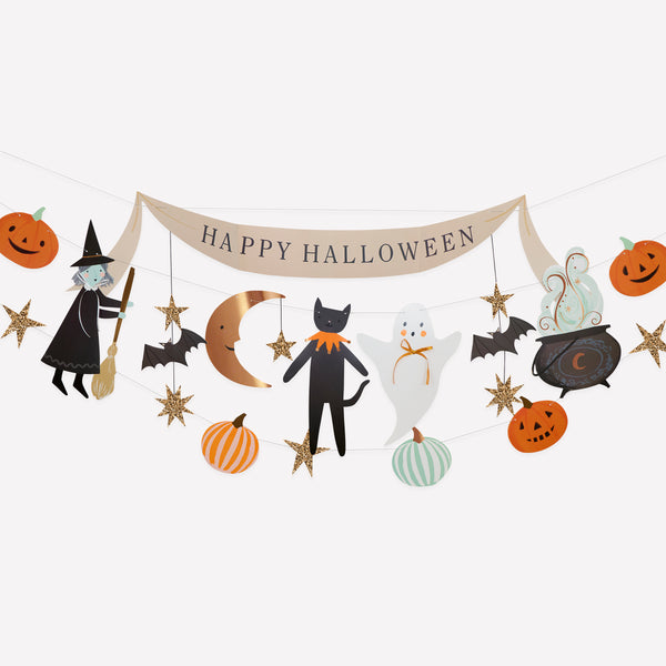 Our set of 3 Halloween garlands features classic characters and icons in seasonal colors with pops of copper foil and chunky gold glitter fabric. Image1