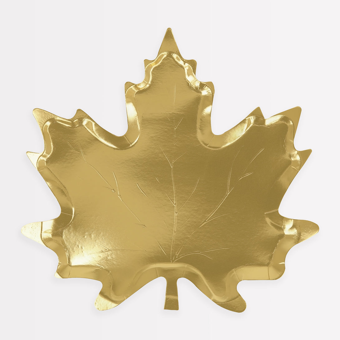 Add shimmer and shine to your Thanksgiving table with our special maple leaf plates with a gold foil finish.