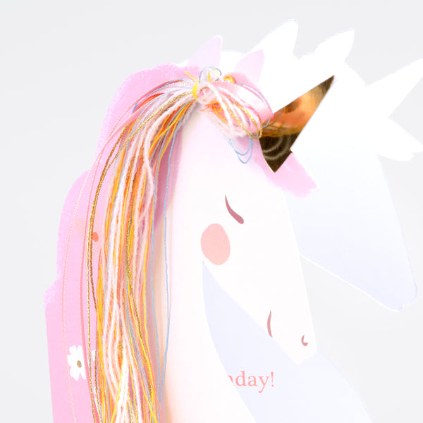 Our unicorn birthday card features a pretty unicorn with a mane made with sparkly thread, colorful yarn and light pink satin ribbon/ Image2