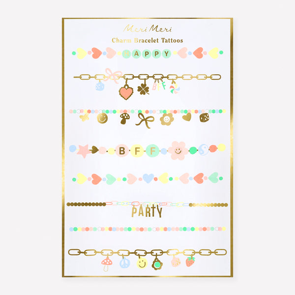 Our bracelet temporary tattoos feature charm designs in bright colors with shiny gold foil details for a stylish look, a great party activity. Image1
