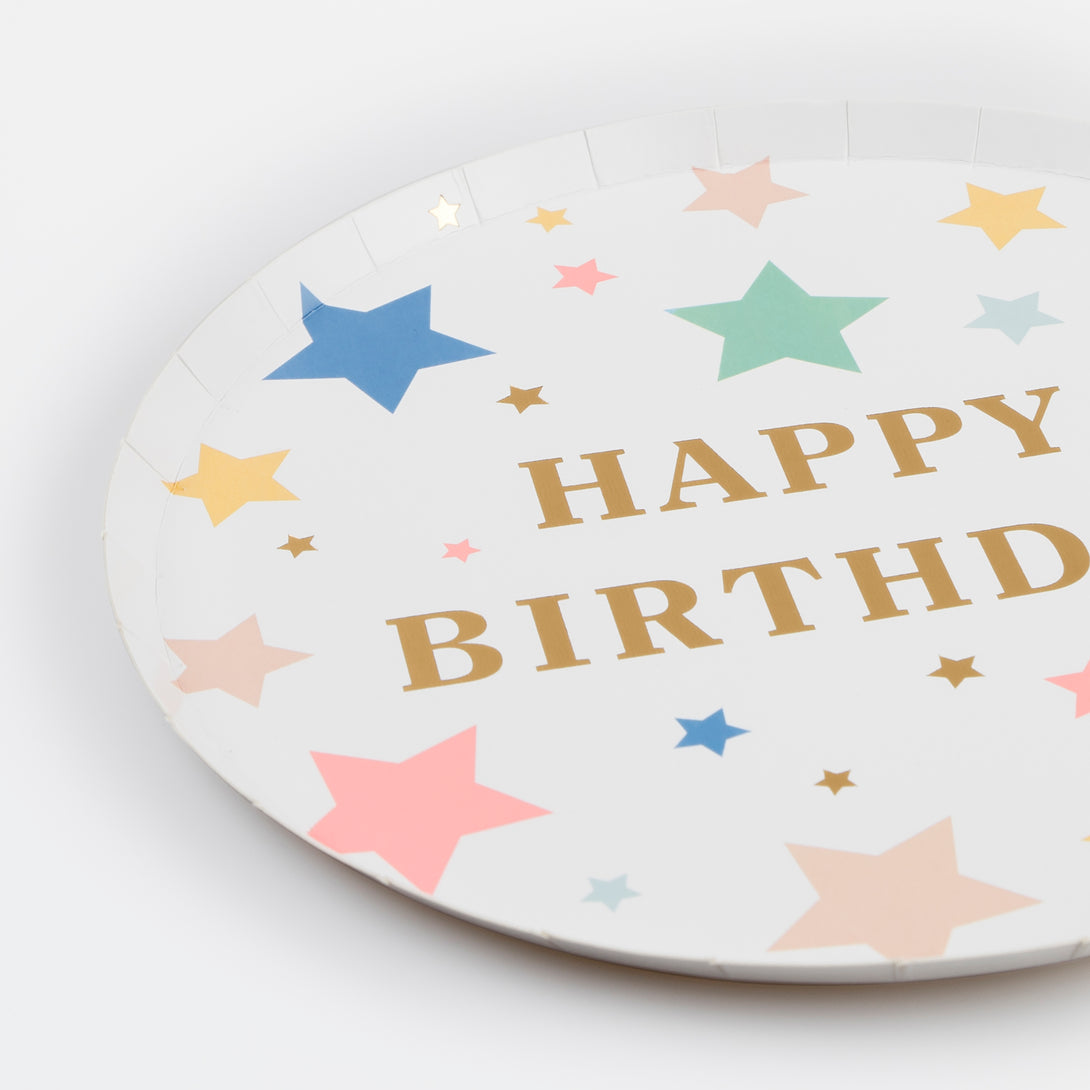 Our side plates with colorful stars and gold letters are perfect as birthday party plates.