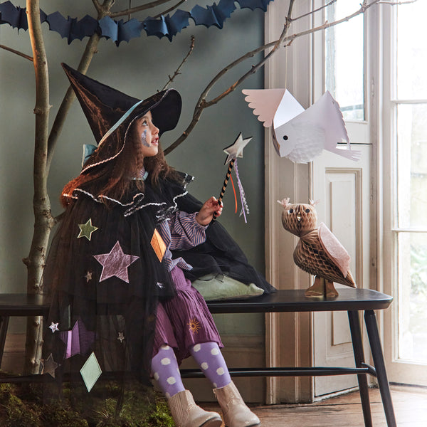 Our luxury witch costume set includes a tulle cape, an witch hat with a velvet bow and a colorful ribbon wand with a silver sequin star.