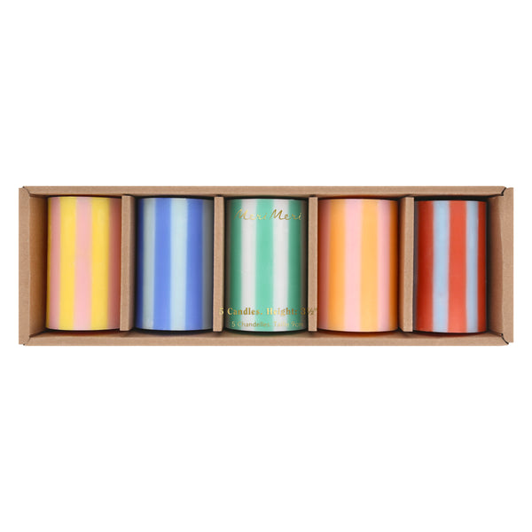 Our striped candles, in a classic pillar shape, feature 5 bright colorways and colored wicks, perfect for birthday and home decorations. Image7