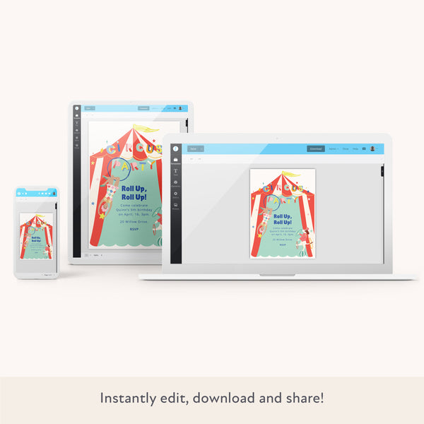 Our circus digital party invitation features a juggling dog, simply personalize it to make it perfect for your circus party. Image2