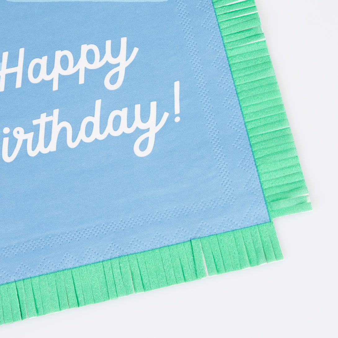 Our paper birthday napkins are made in bright colors with the words Happy Birthday on them.