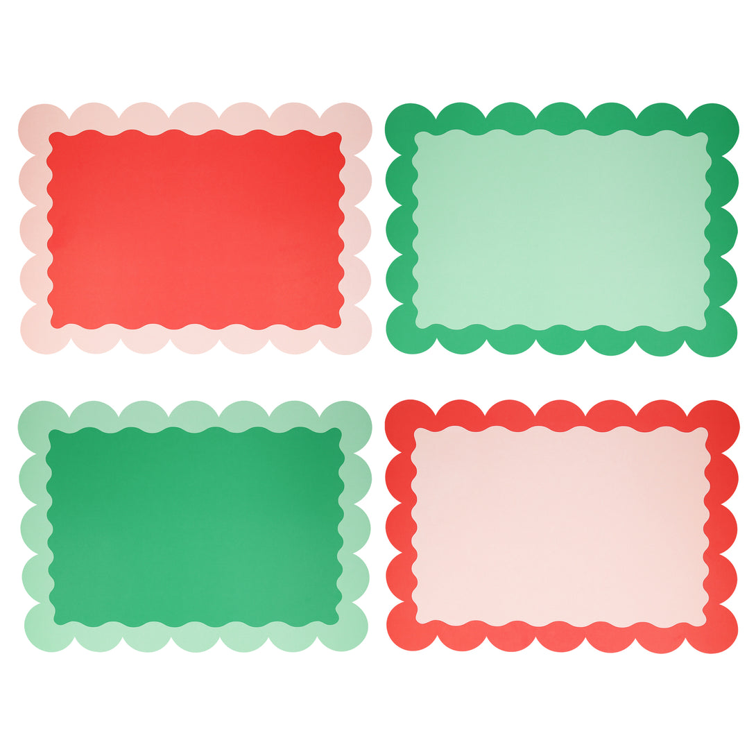 Our paper placemats are crafted in Christmas colors of red and green, with a modern pop of pink, and stylish scalloped edges.