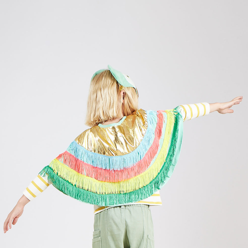 Child spreading the colorful fringed parrot wings