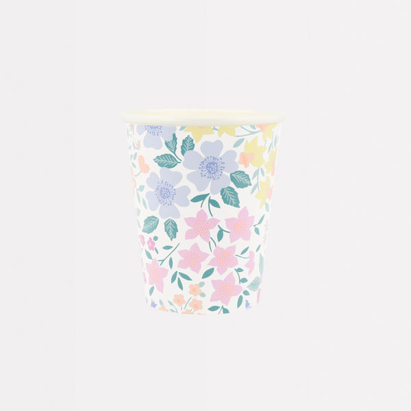 Our paper cups feature a pretty pastel flower design, perfect as cocktail party cups or picnic cups or any spring or summer celebration.