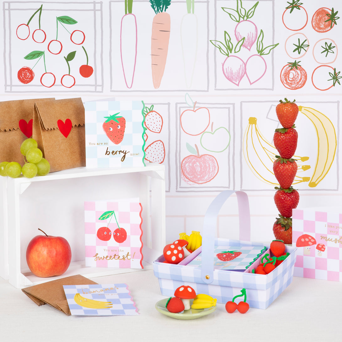 Our special Valentine's card set includes fruit-themed cards and erasers for a fun Valentine's gift.