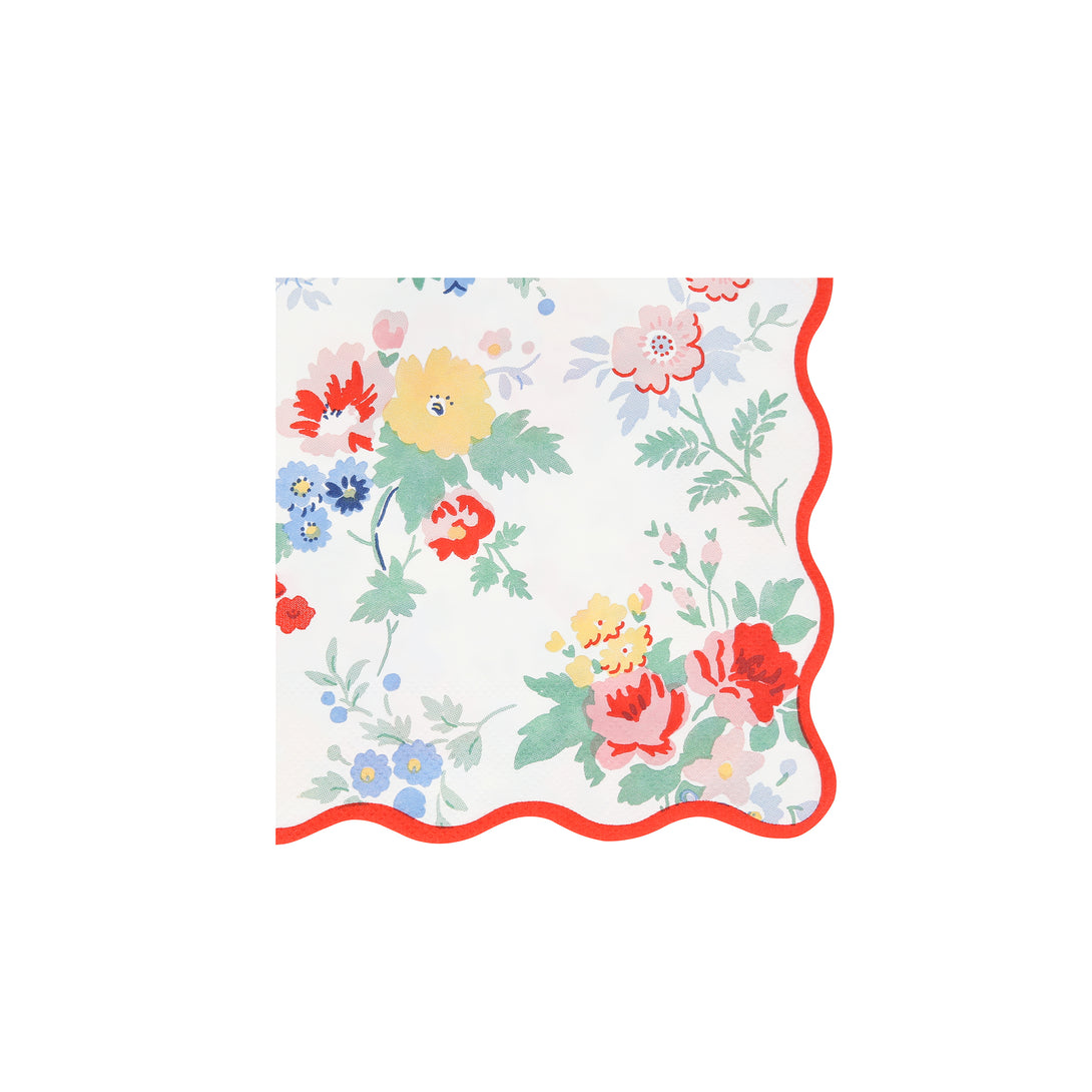 Our small party napkins have a floral design with modern pops of red, ideal for an sophisticated celebration.