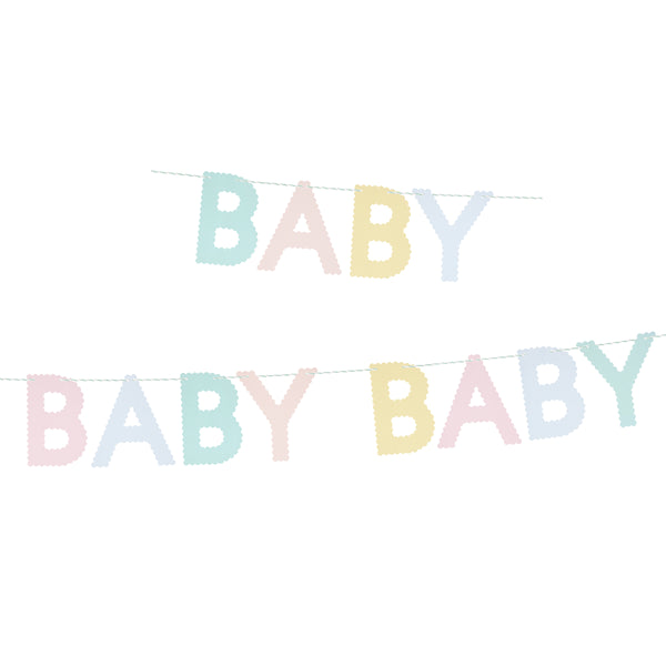 Our pastel paper garland, with the words baby, baby, baby, is ideal for your baby shower.