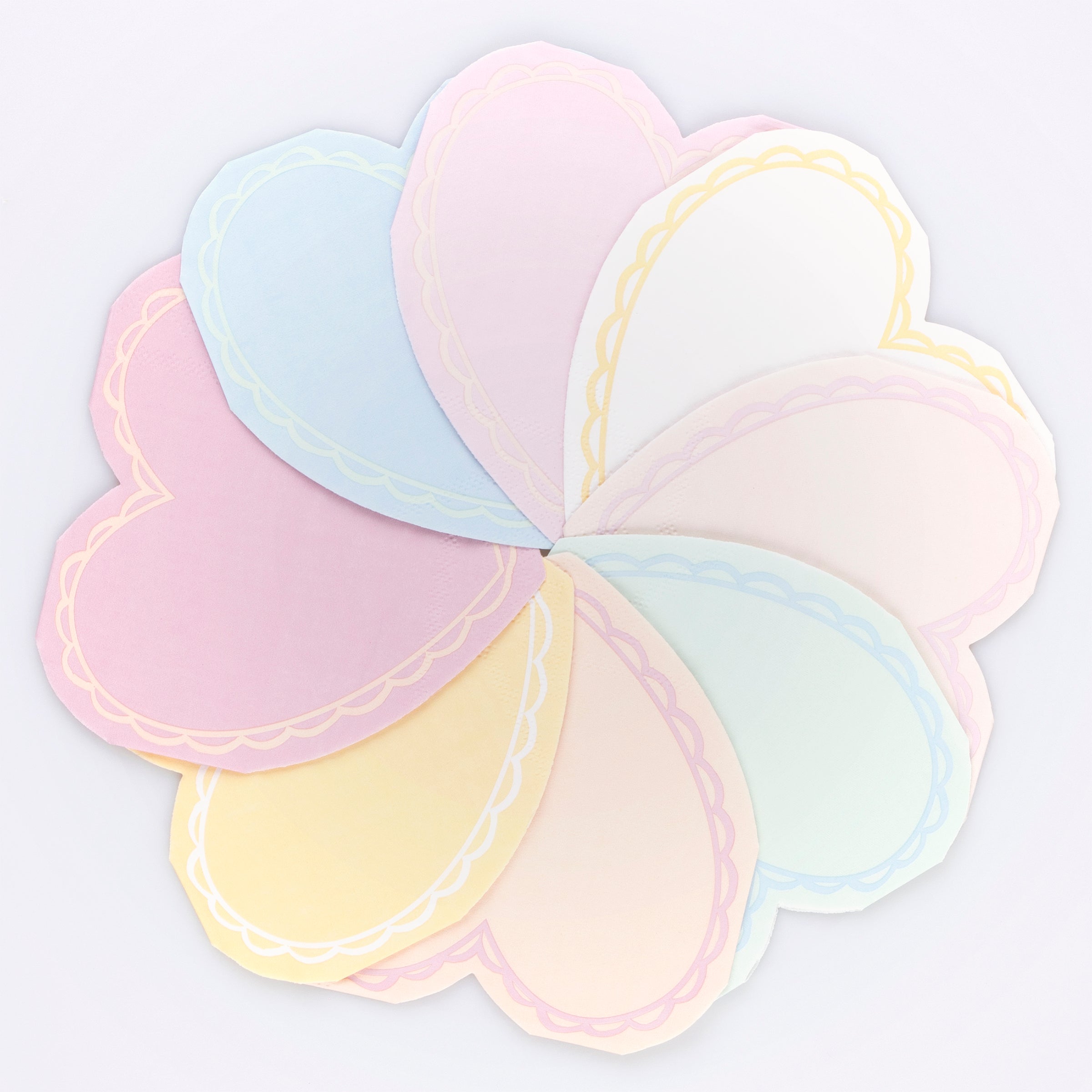 Our paper napkins, featuring pink napkins and other beautiful pastel shades, are heart shaped.