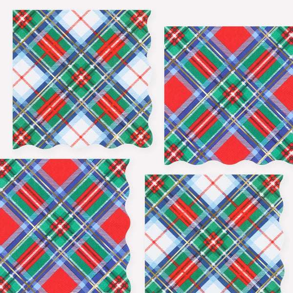 Our Christmas napkins, made from 3-ply paper, feature plaid designs in festive colors teamed with shiny gold foil touches for a stylish look. Image1