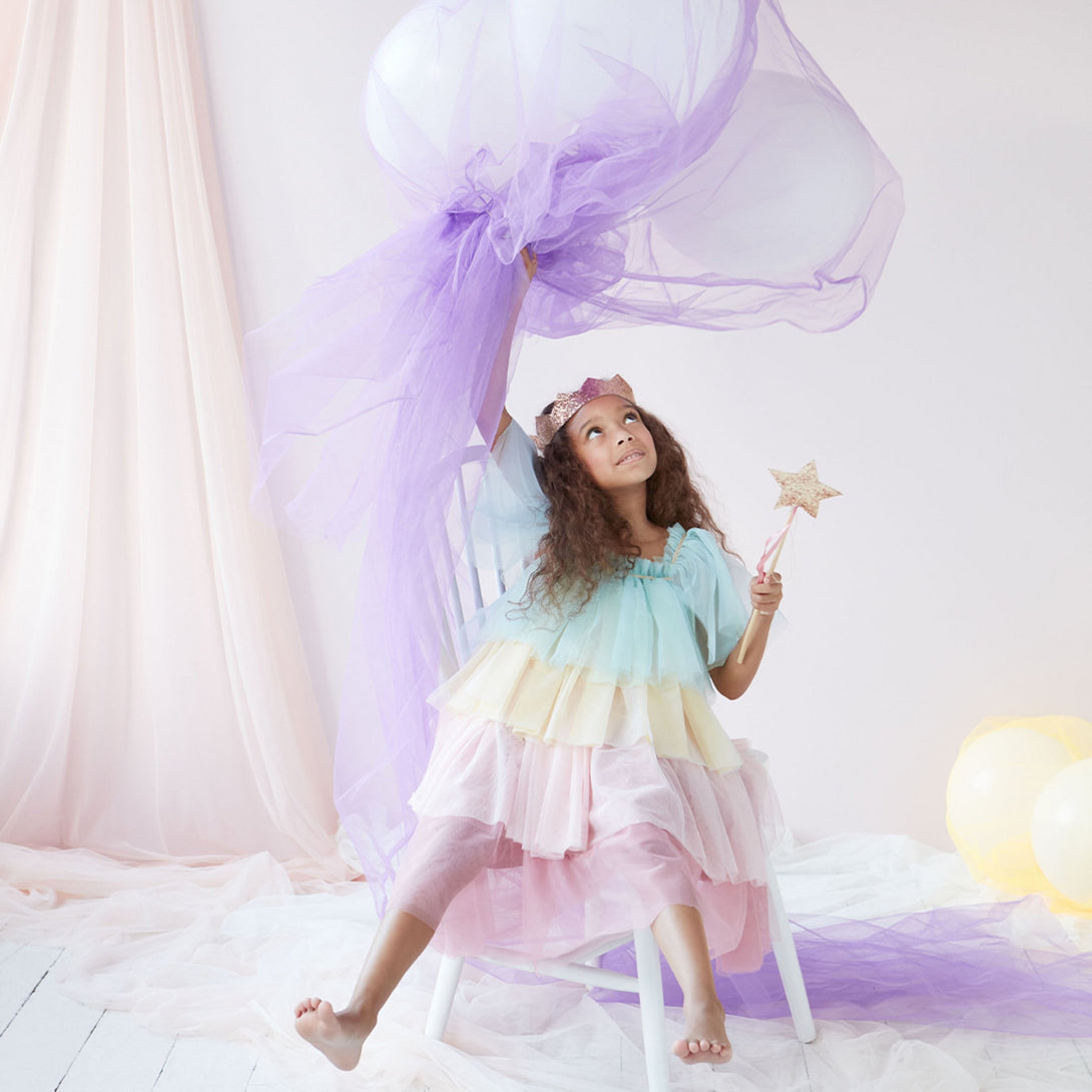 This princess costume for kids is made from colorful tulle layers and comes with a gold princess crown.,This princess costume for kids is made from colorful tulle layers and comes with a gold princess crown. Image1