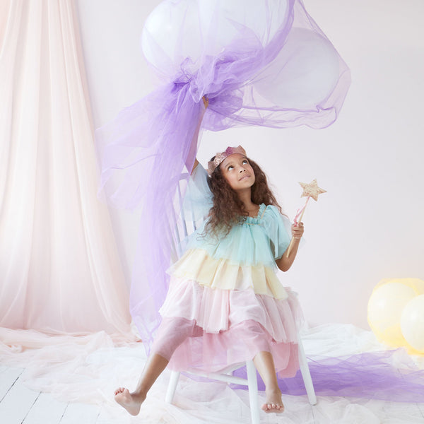 This princess costume for kids is made from colorful tulle layers and comes with a gold princess crown.,This princess costume for kids is made from colorful tulle layers and comes with a gold princess crown. Image1