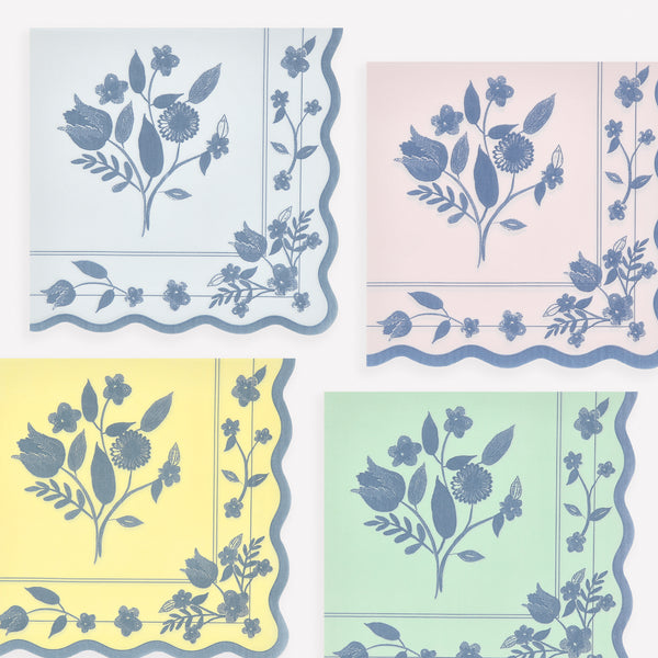 Our large party napkins, made from 3-ply paper, feature four pastel shades and cobalt blue botanical illustrations, ideal for any special meals. Image1