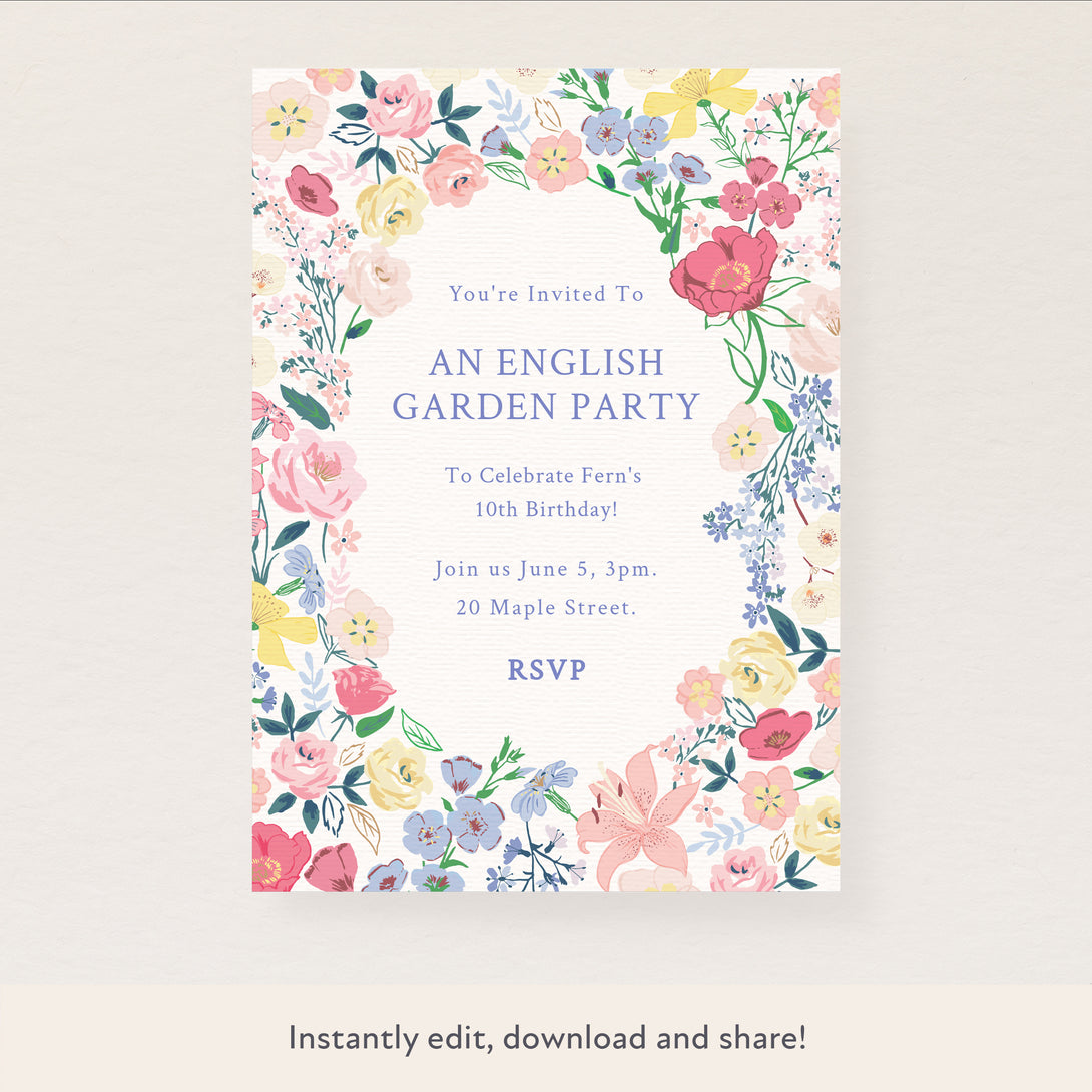 Our stylish digital party invitation includes flowers and a bow for a charming look, perfect for a garden party.