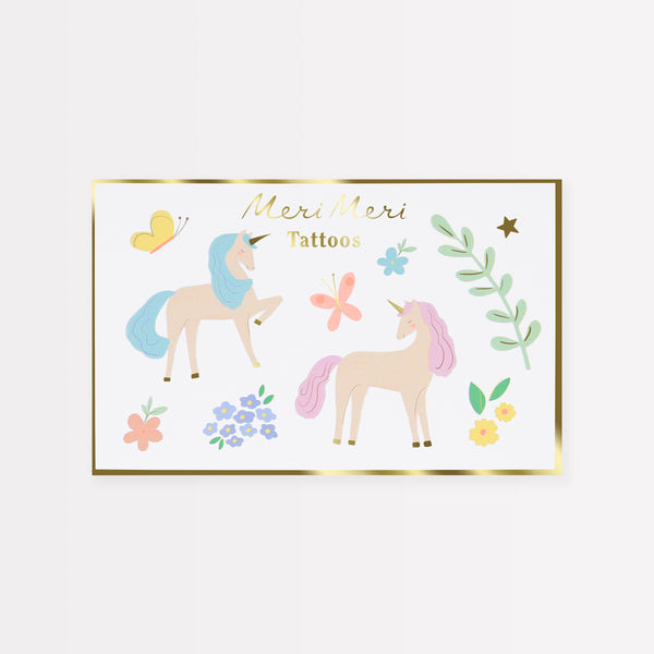 Add our temporary tattoos featuring unicorns, flowers and butterflies, to your unicorn party bags.