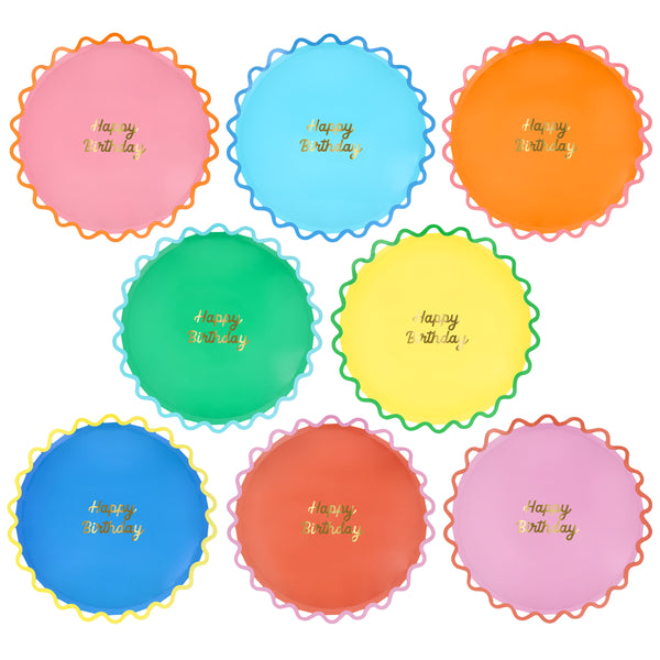 Our dinner plates are made especially as birthday party plates, with bright colors and a Happy Birthday message in shiny gold foil. Image1