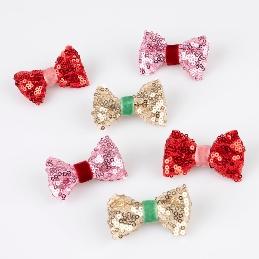 Accessorize your Christmas hairstyle with our sequin bows with velvet details, simply clip on for instant style.