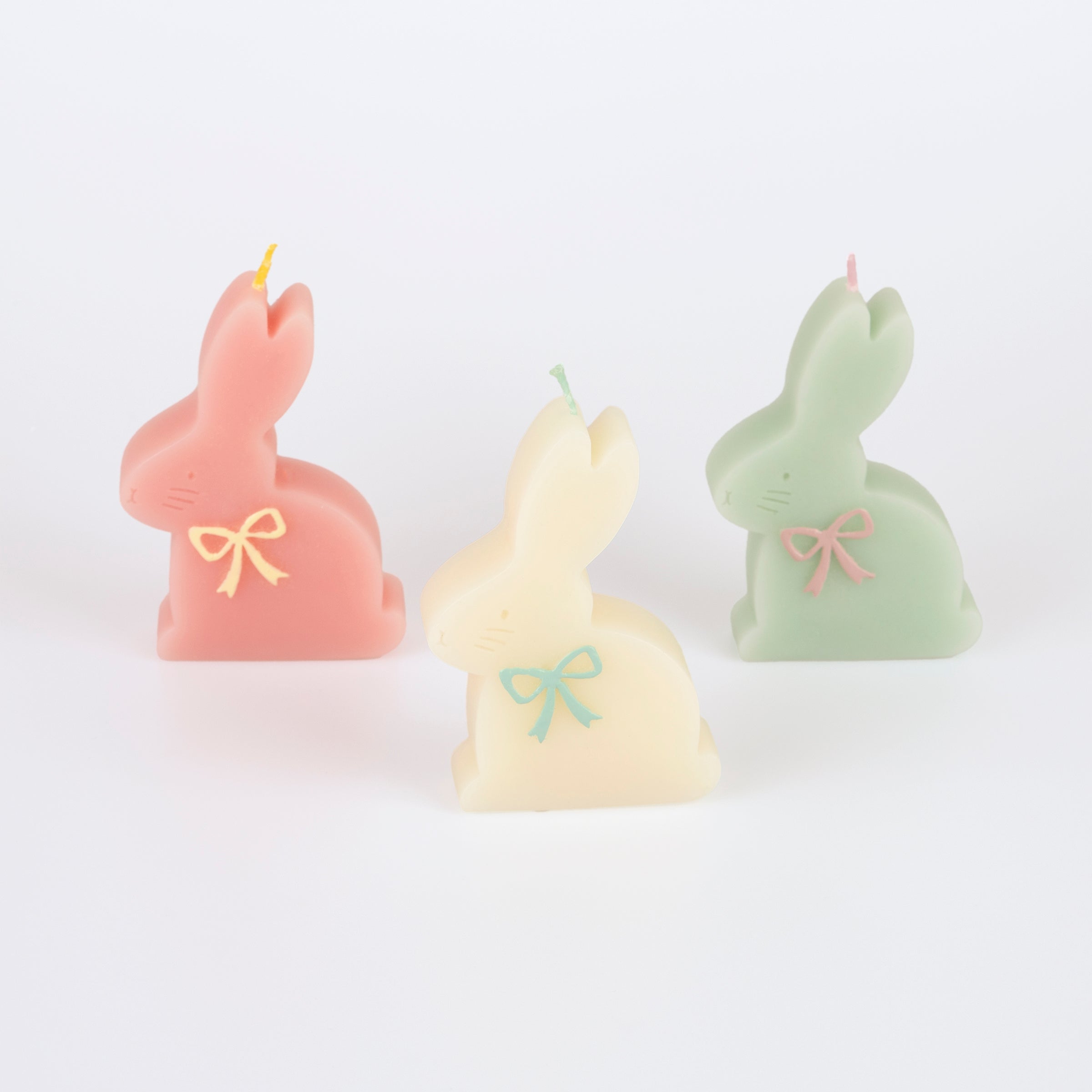 Our Easter candles, in the shape of bunnies with colored bows and wicks, are perfect for Easter cakes or as Easter decorations.