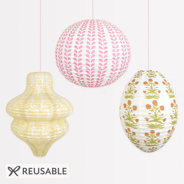 Our set of 3 hanging lanterns, with floral prints from Molly Mahon, are wonderful paper decorations for the home or parties. Image1
