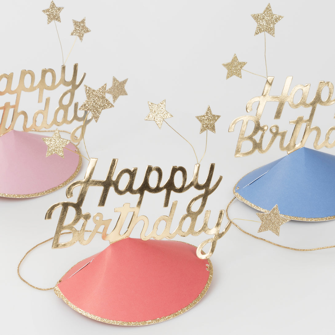 Make your guests look amazing with our fun birthday party hats, with gold glitter stars and bright colors.