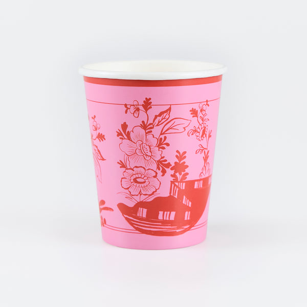 Our elegant paper cups feature shades of pink and a beautiful bridge and botanical illustration, suitable for hot and cold drinks. Image1