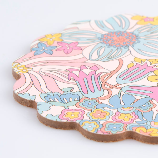 Our wooden coasters are made from a composite wood with floral Liberty prints, a laminated finish and a cork backing. Image4