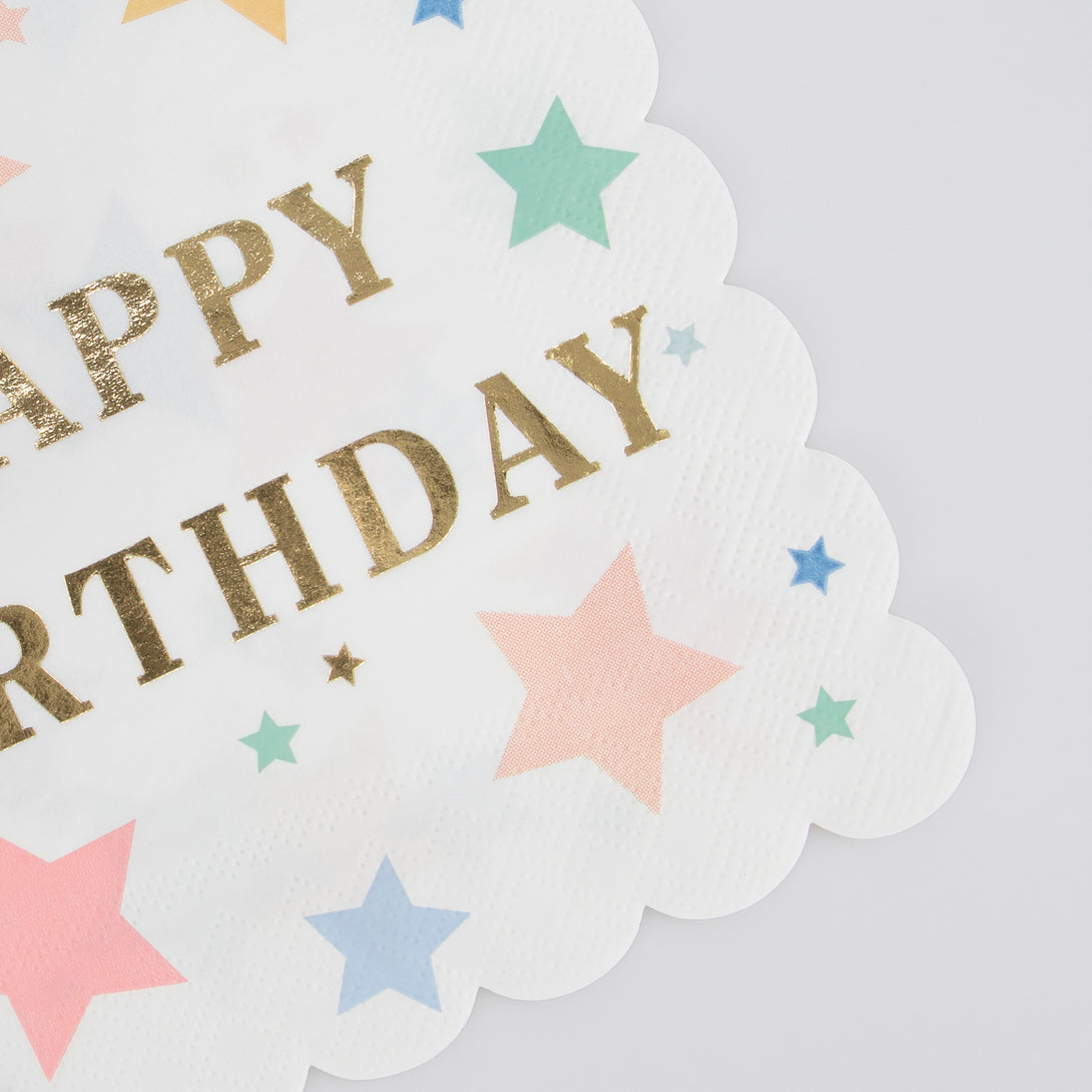 Our party napkins are the perfect birthday napkins as they feature the words Happy Birthday and lots of colorful stars.