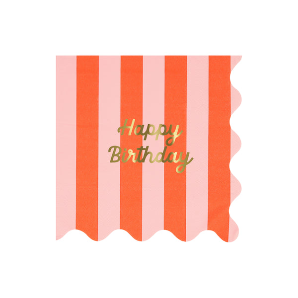 Our large striped party napkins have the words Happy Birthday on them in shiny gold foil. Image1