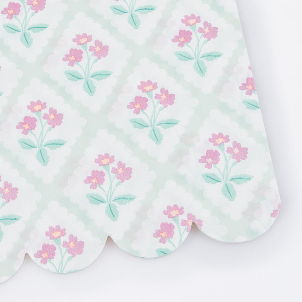 Our party napkins, are a longer shape ideal for table layering, and feature pretty pastel floral designs, ideal for garden party napkins. Image2