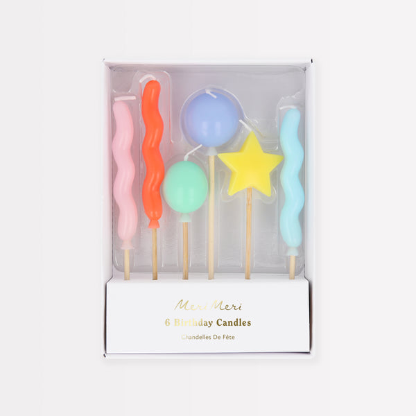 Our birthday candles are great as birthday cake decorations, featuring balloon shapes and bright colors.