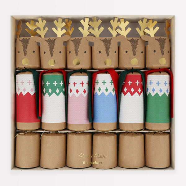 Our luxury Christmas crackers, with an adorable reindeer design, each contain a party hat, joke and a Christmas eraser or reindeer brooch.