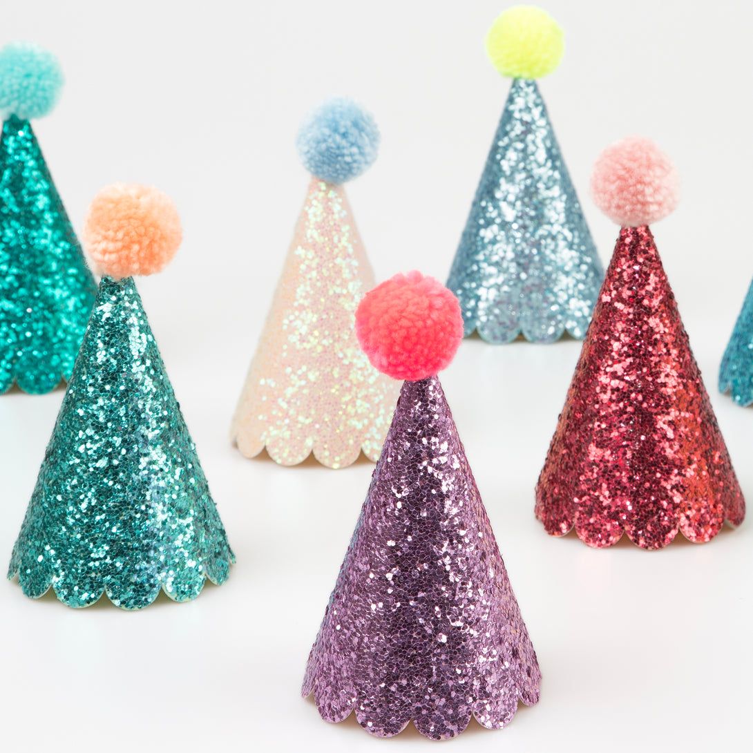 Our party hats have lots of shiny glitter for a party look.