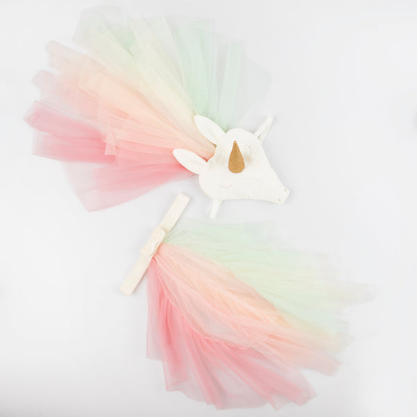 Our unicorn costume features a headpiece with a gold glitter horn rind rainbow tulle mane and a waistband with a rainbow tulle tail. Image3