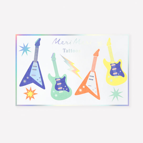Our temporary tattoos for kids feature electric guitars and other rock party symbols, perfect as party bag gifts or party favors. For 3+. Image1