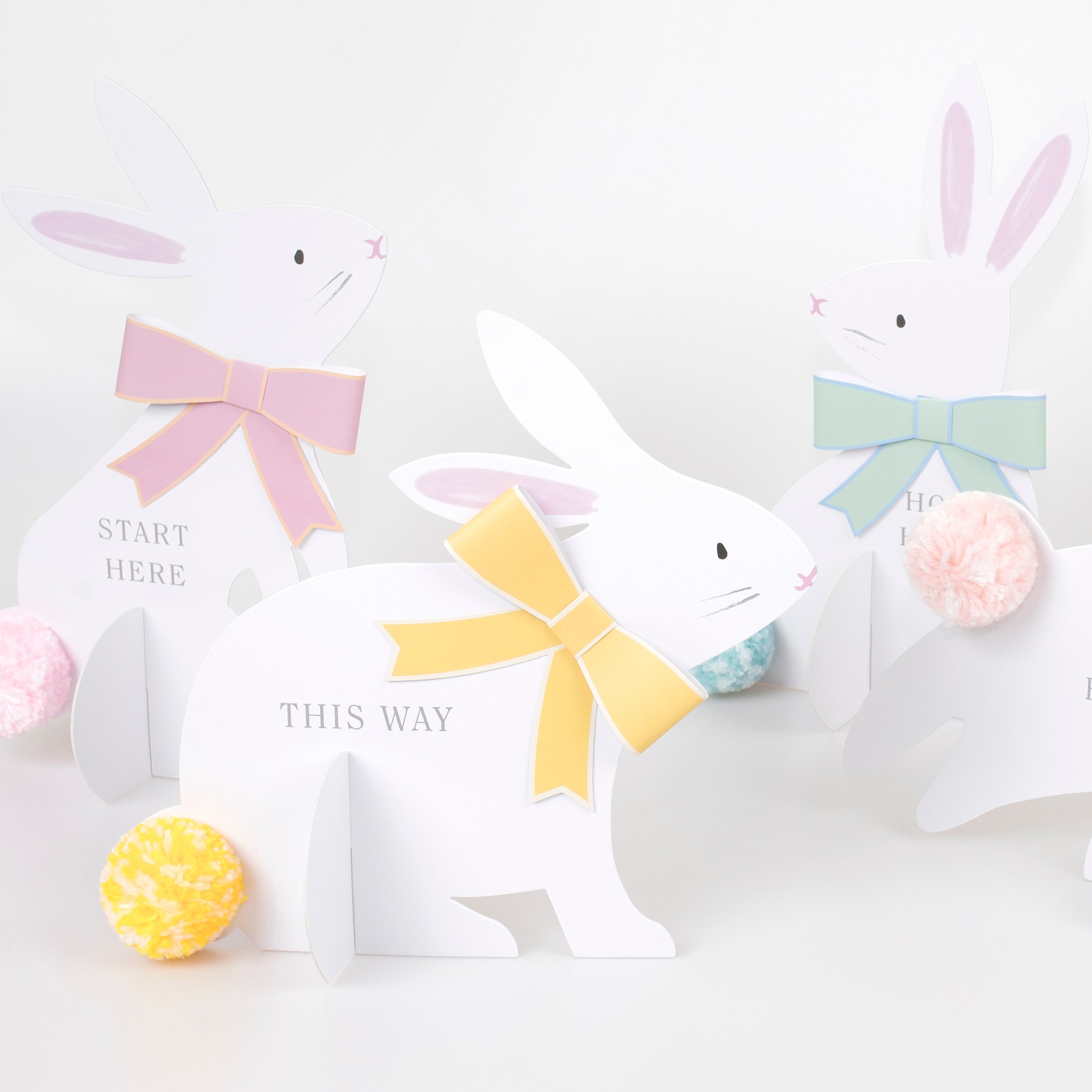 Our special kit includes bunnies with bows and signs with clues to help your kids find their Easter eggs.