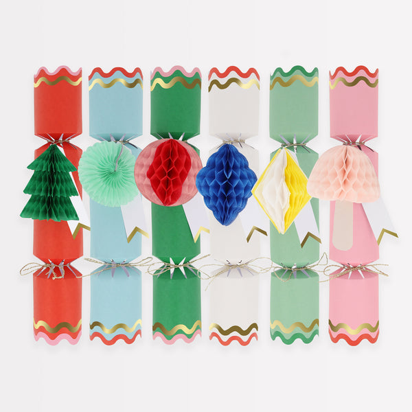 Our Christmas crackers have gift tags and fun honeycomb embellishments, and contain a joke, party hat and toy.