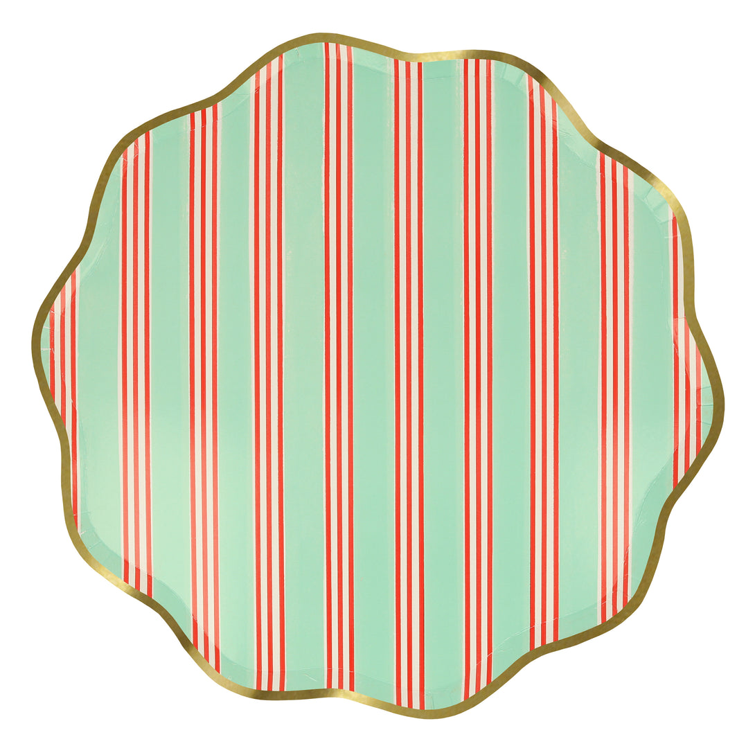 Our Christmas  paper plates feature stylish stripes in festive colors, wavy edges and shiny gold foil borders.