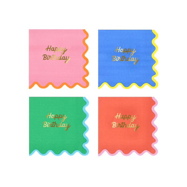 Our birthday napkins, made from paper in a small size, feature four bright colorways, a ricrac style edge, and a shiny gold foil Happy Birthday. Image1